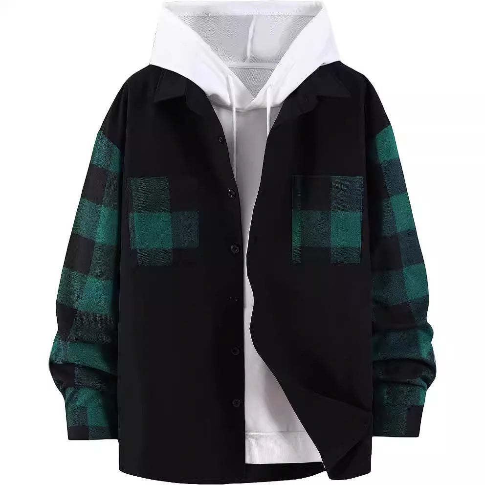 Men's Plaid Color-block Long Sleeve Shirt